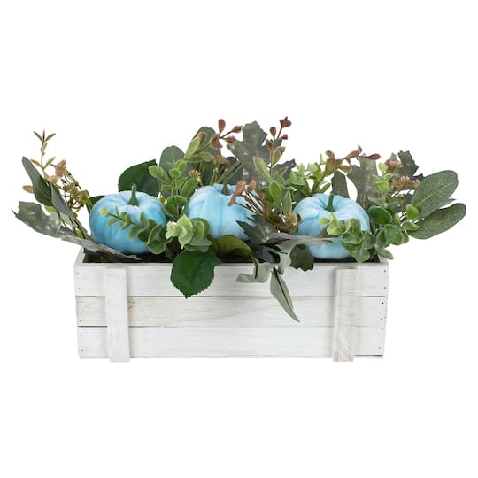 18" White Wooden Box of Foliage & Pumpkins Thanksgiving Decoration
